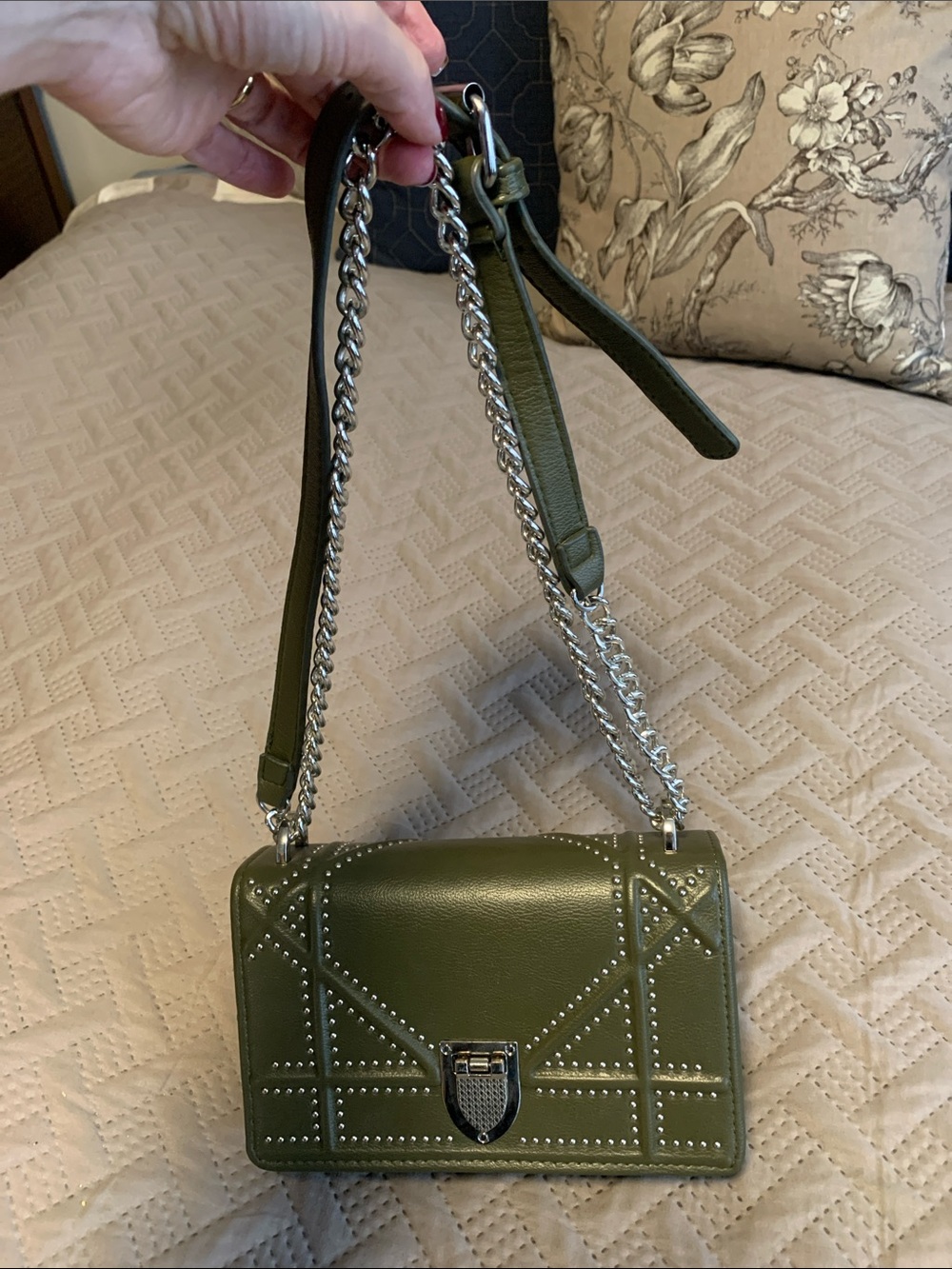 Olive Green Studded Crossbody Bag with Silver Chain Strap